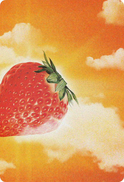 Vintage-style collage of a ripe strawberry floating among soft clouds against a bright orange sky.