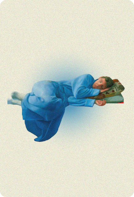 Person peacefully sleeping in blue clothing on stacked pillows, representing rest, relaxation, and improved sleep.