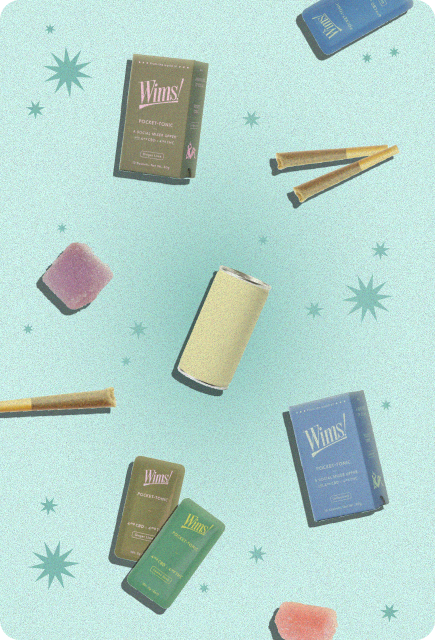 Flat lay of Wims Pocket-Tonic THC/CBD drink mixers with gummies and rolled papers on a retro teal starburst background.