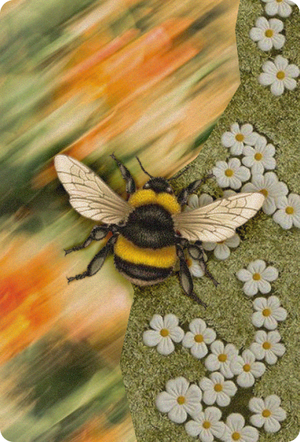 Illustrated bumblebee surrounded by white flowers on a colorful abstract background, representing the different moods and experiences inspired by beverages.