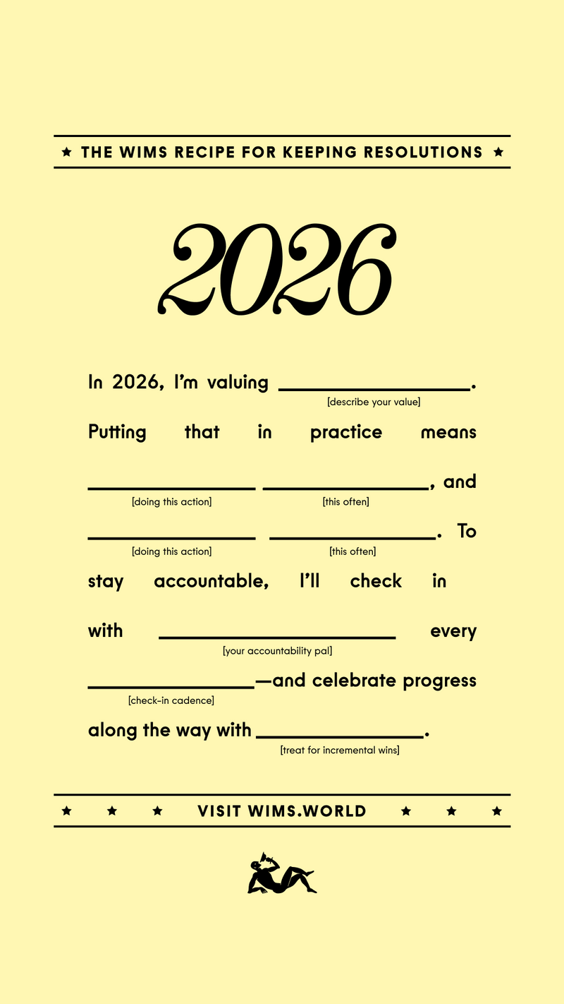 Yellow graphic titled “The Wims Recipe for Keeping Resolutions” featuring the year 2026 and a fill-in-the-blank template for setting values, actions, accountability, and celebrating progress.