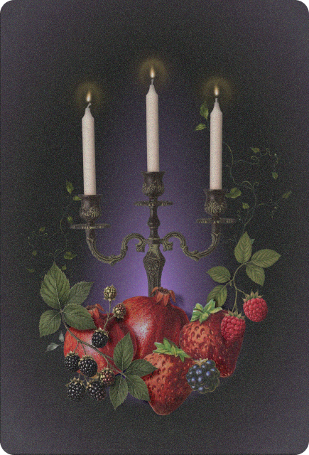 Vintage-style Halloween collage of a gothic three-candle candelabra surrounded by strawberries, raspberries, blackberries, and green leaves against a dark purple background.