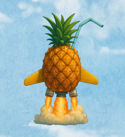 A whimsical illustration of a pineapple transformed into a rocket ship, with airplane wings and fiery boosters blasting off. A blue straw sticks out of the top of the pineapple, symbolizing a tropical drink ready for takeoff, set against a soft, cloudy sky background.