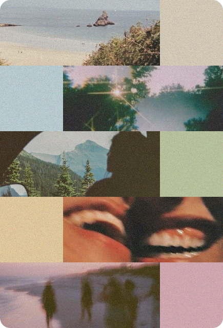Dreamy collage of beach walks, laughter, flowers, road trips, and sunset light, capturing the feeling of a warm, social, and present Wims buzz.