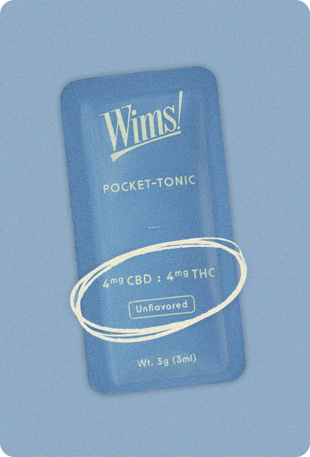 Close-up of an Unflavored Wims Pocket-Tonic™ sachet highlighting the 4mg THC and 4mg CBD formula.