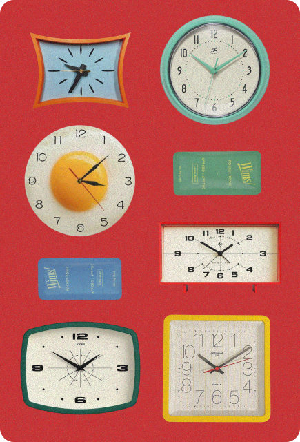 Vintage clocks arranged alongside Wims Pocket-Tonic™ packets on a bold red background, symbolizing that there's always a perfect time to Wims.