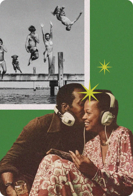 Vintage collage of friends jumping into the water and a couple sharing headphones, symbolizing enjoying Wims whenever the moment calls for connection, fun, and spontaneity.