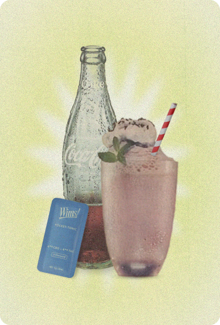 Creamy Dirty Soda topped with whipped cream and chocolate shavings beside a bottle of cola and an Unflavored Wims Pocket-Tonic™, ready to enjoy.