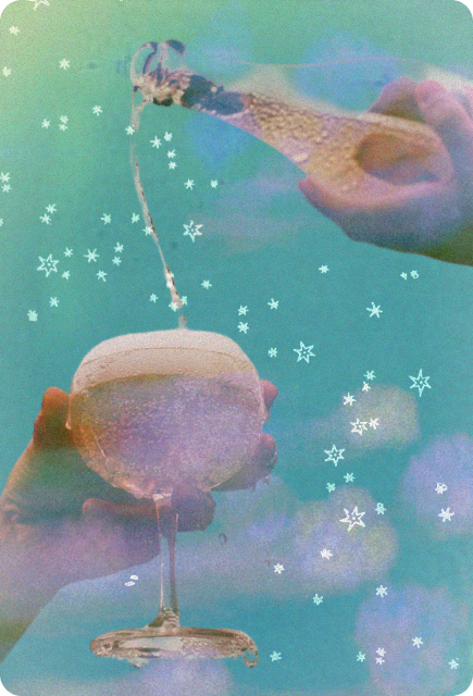 Sparkling Frozen Hugo Spritz being poured into a coupe glass with a frothy top, surrounded by dreamy blue tones and whimsical star illustrations, representing a refreshing frozen THC + CBD mocktail.