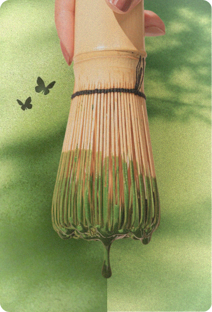 Bamboo matcha whisk dripping green matcha against a soft green background, representing a fresh matcha ritual with Wims.