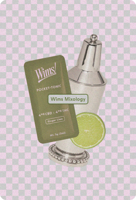 Wims Ginger Lime Pocket-Tonic packet (4mg THC / 4mg CBD) styled in front of a stainless steel cocktail shaker with a fresh lime slice, representing Wims Mixology drink recipes.