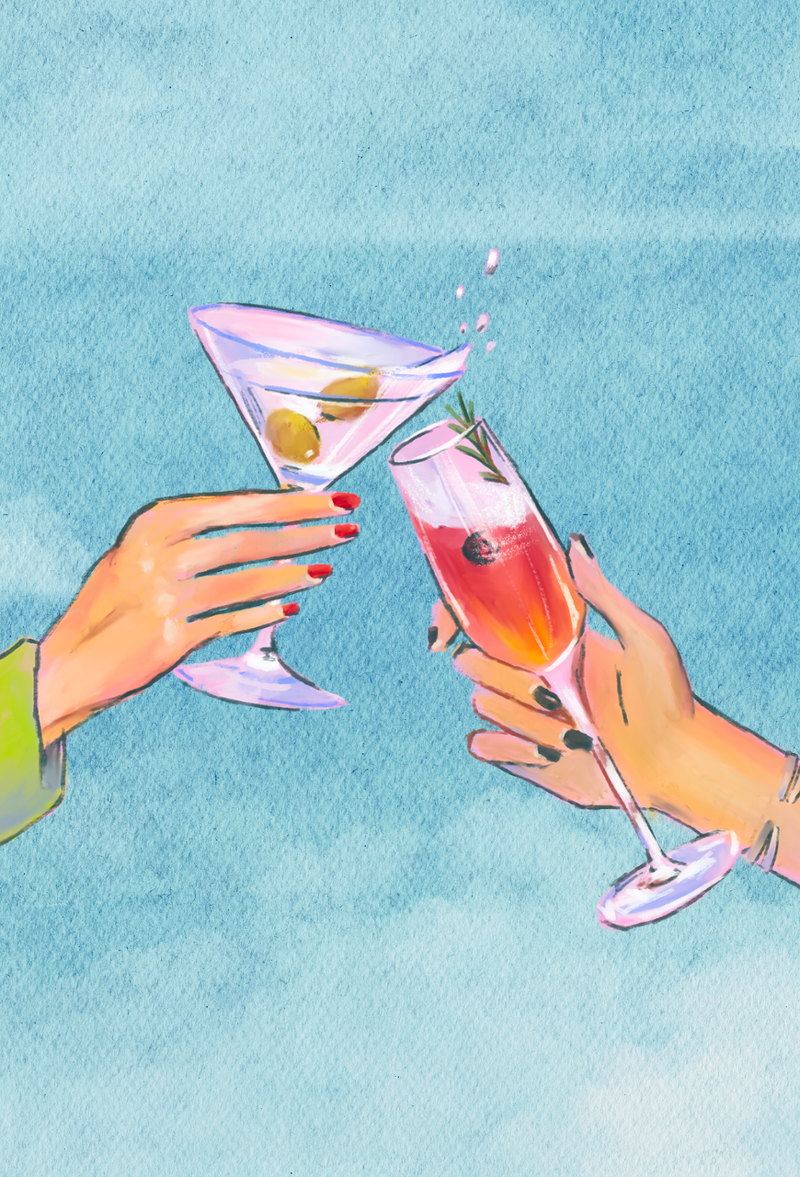 Two illustrated hands clink cocktail glasses against a blue watercolor background — one holding a martini with olives, the other a pink sparkling drink with berries and rosemary — celebrating creativity and connection through Wims mixology.
