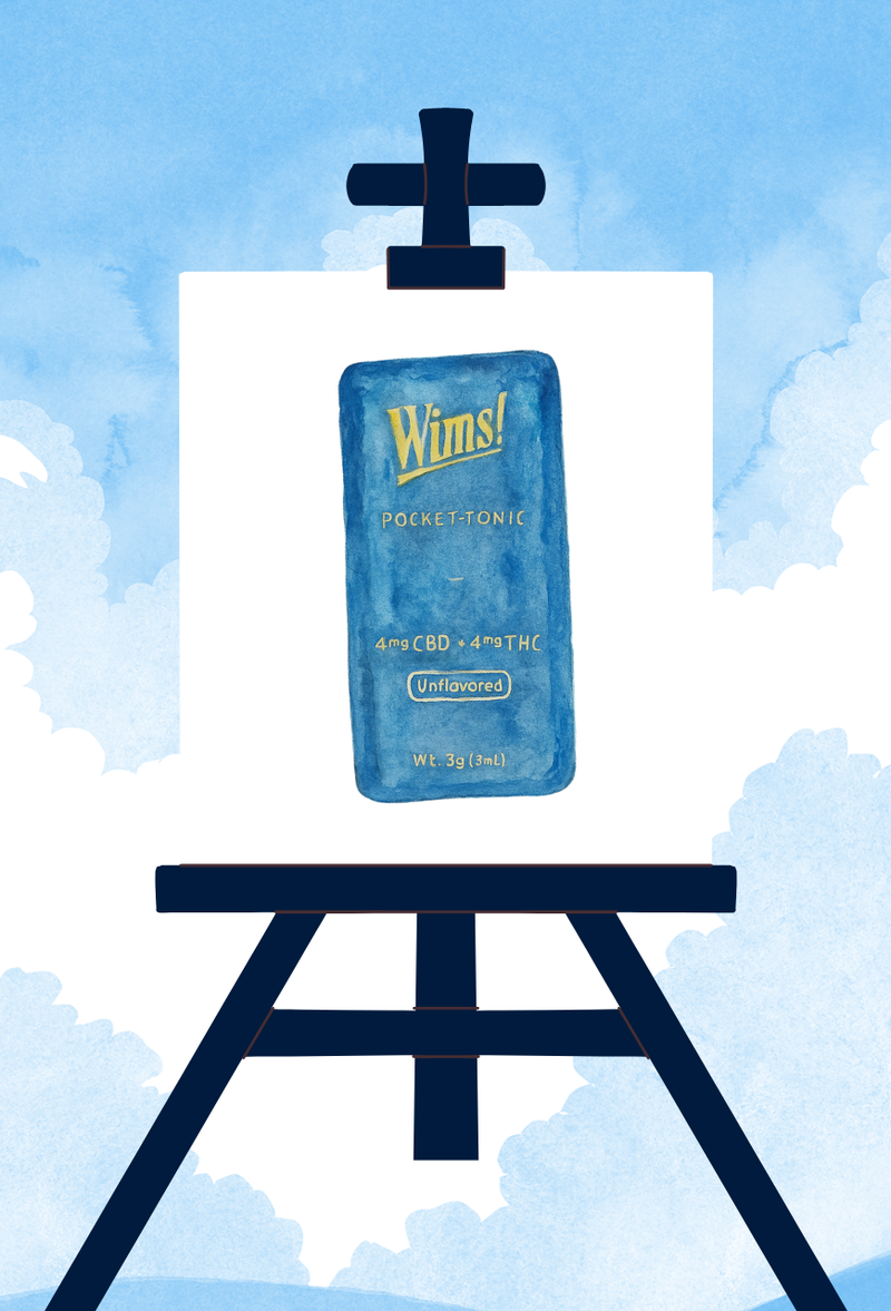 A watercolor-style illustration of a blue Wims Pocket-Tonic™ sachet displayed on an easel against a soft sky background with clouds, symbolizing creativity and the idea of Unflavored Wims as a blank canvas for mixing.
