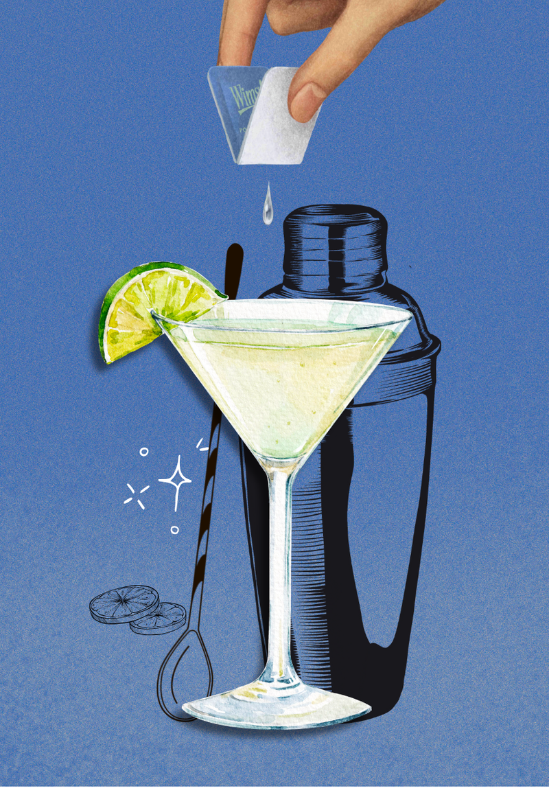 A hand pours a drop of Wims Pocket-Tonic™ into a cocktail shaker beside a martini glass with a lime garnish, against a blue background. The image combines realistic watercolor and illustration styles, symbolizing how Wims mixes easily into any drink.