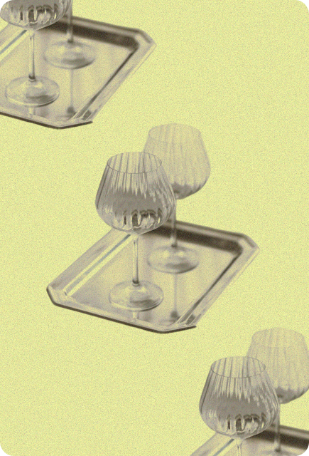 Glassware on trays against a soft green background, representing versatile drink setups for Lemon Basil Wims mixology.