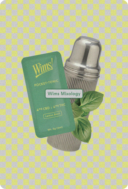 Wims Lemon Basil Pocket-Tonic™ sachet with a cocktail shaker and fresh basil leaves, representing Lemon Basil mixology drink ideas.