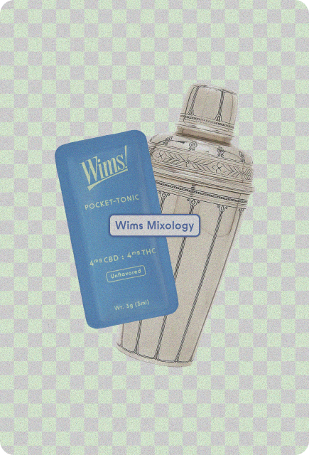 Wims Pocket-Tonic™ Mixology card labeled “Unflavored” (4 mg CBD + 4 mg THC) leaning against a hand-drawn cocktail shaker on a soft green checkered background.