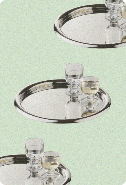 Three repeating silver trays each holding clear glass stemware with a pale drink, arranged in a vertical pattern against a soft mint-green background.