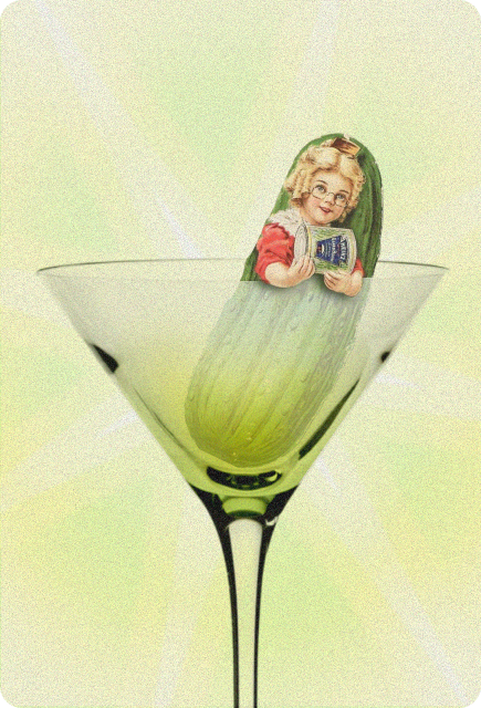 Vintage-style collage of a pickle in a martini glass with a playful figure holding an Unflavored Wims Pocket-Tonic™ packet.