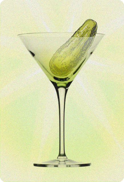 Vintage-style collage of a pickle served in a martini glass, representing the salty, tangy flavors of the Wims Pickletini.