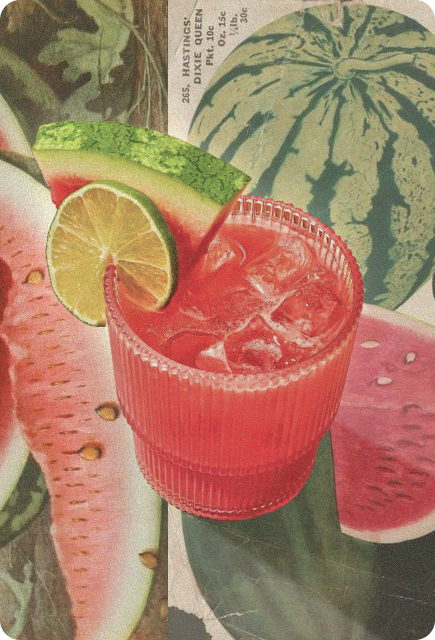 Watermelon Margarita served over ice with a sugar-rimmed glass and fresh lime, surrounded by watermelon slices on a bright pink background.
