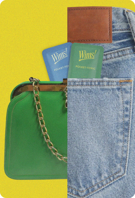 Wims Pocket-Tonic™ packets tucked into a jeans pocket and purse beside a wallet, symbolizing portable, discreet enjoyment wherever you go.