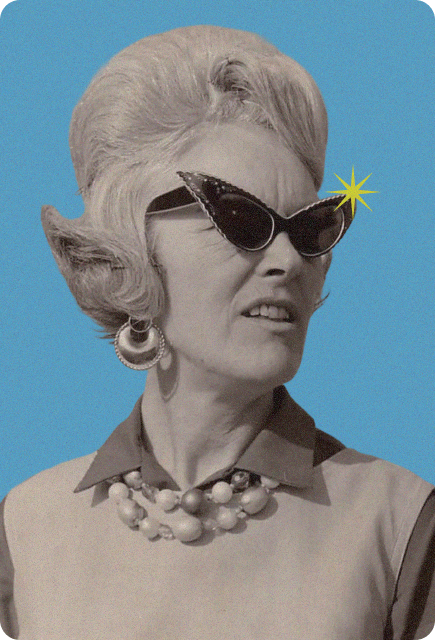 Vintage portrait of a woman wearing cat-eye sunglasses against a bright blue background, symbolizing waking up refreshed without a hangover.