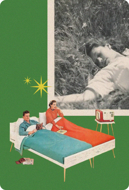 Vintage couple relaxing in bed beneath a dreamy outdoor scene, symbolizing winding down, restful sleep, and peaceful evenings with Wims.