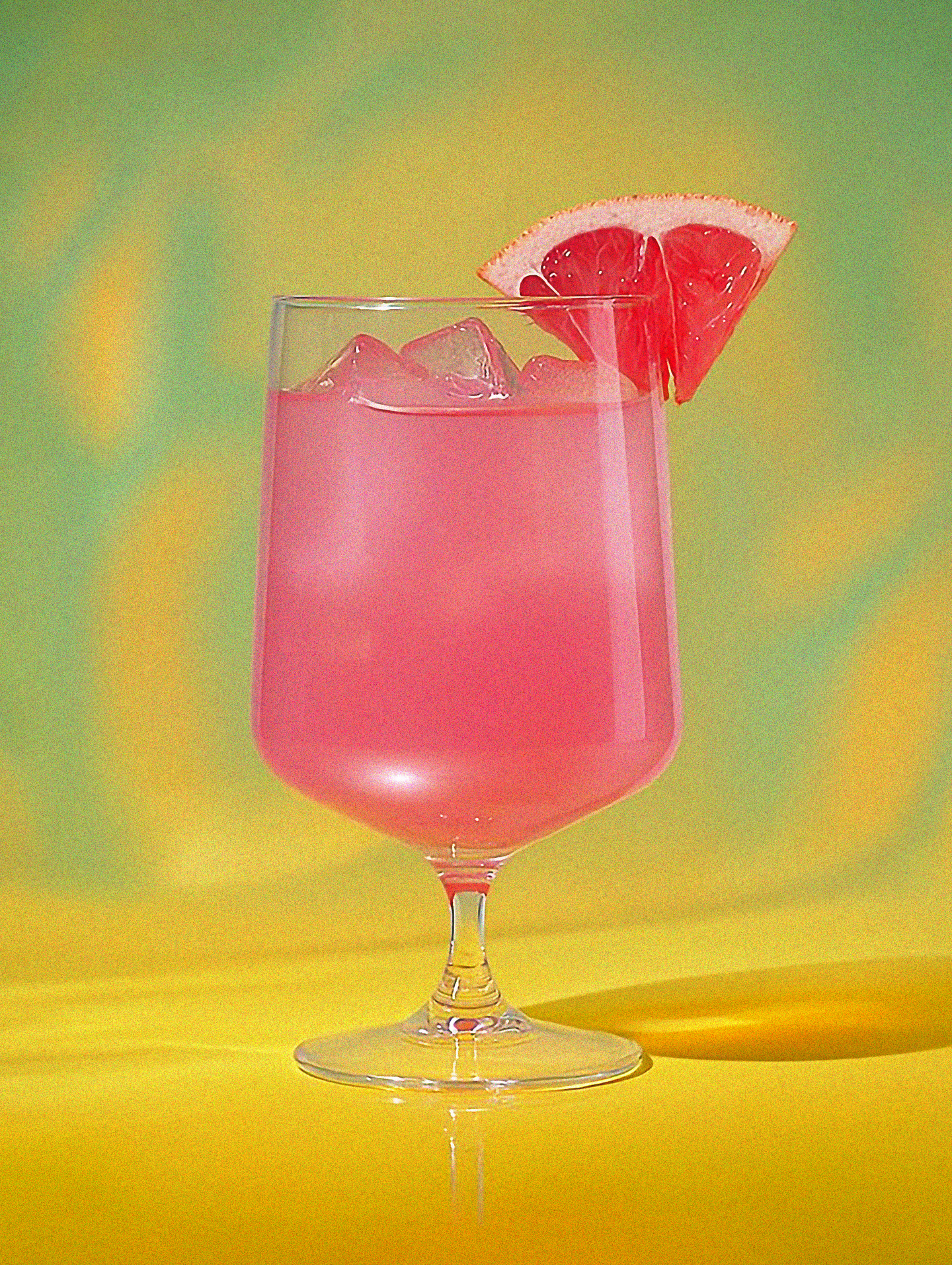 A stemmed glass filled with a bright pink grapefruit mocktail over ice, garnished with a wedge of fresh grapefruit, set against a vibrant green and yellow background.