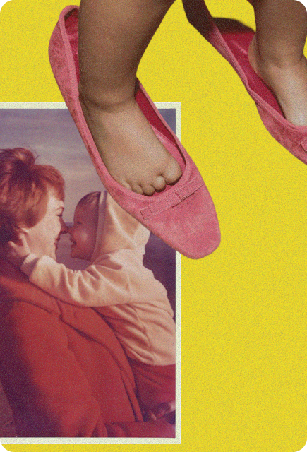 Baby feet stepping into oversized pink loafers above a vintage parent-and-child photo, symbolizing finding extra patience and joy in everyday parenting moments.