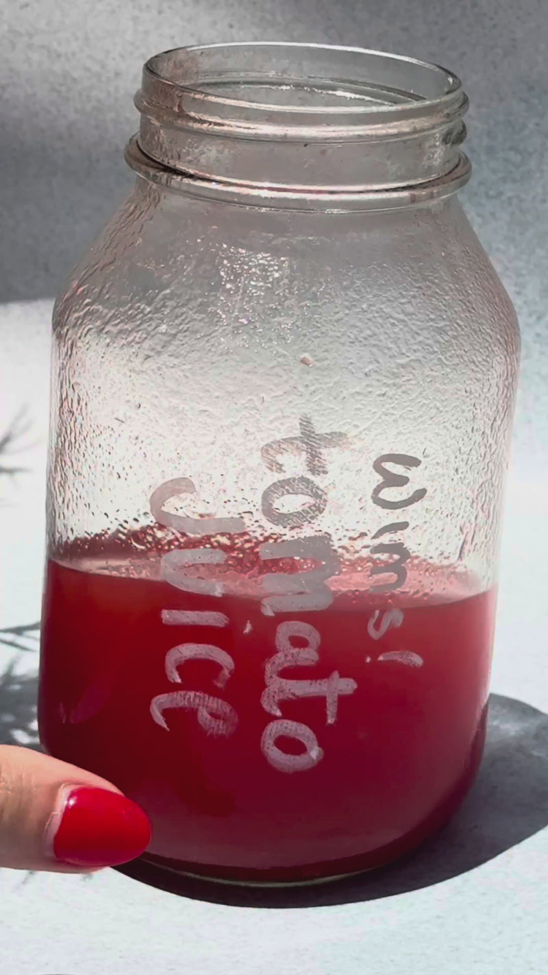 A hand combining strained tomato juice with pepperoncini, pickle, and olive brines, squeezing fresh lemon juice, and adding salt before pouring the bright mixture into a tall pickle-shaped glass.