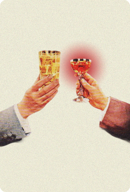 Two hands clinking cocktails together, representing social rituals and alternative ways to enjoy cannabis with Wims.