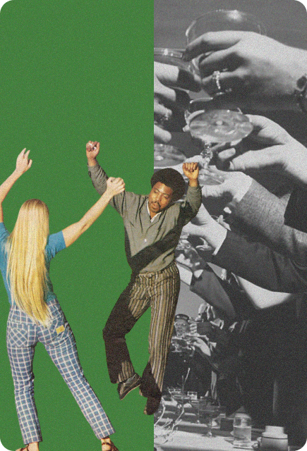 Two people dancing in front of a collage of raised cocktail glasses, representing alcohol-free socializing, celebration, and shared moments with friends.