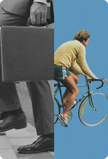 Split collage of a person carrying a briefcase beside a cyclist riding against a blue sky, symbolizing the transition from work to leisure and finding balance at the end of the day.